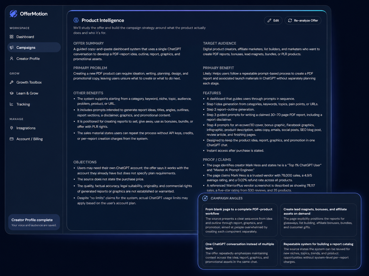 OfferMotion showing what it learned about a product: a plain summary, who it is for, the main problem it solves, the benefits, common objections and suggested things to talk about.
